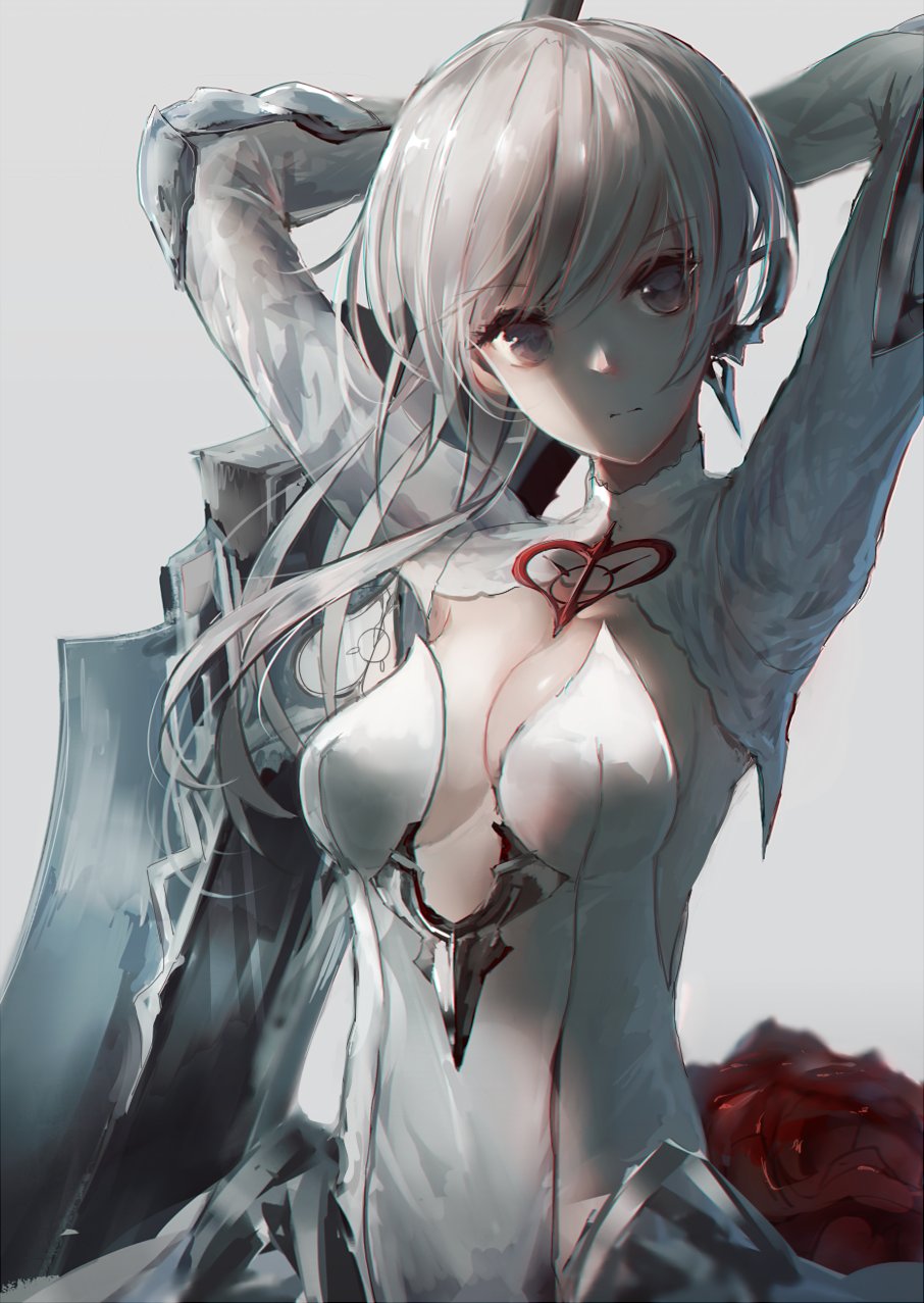 1girl arms_behind_head asymmetrical_hair breasts brown_eyes center_opening cleavage elbow_gloves flower gloves hair_ribbon highres ribbon rose sinoalice snow_white_(sinoalice) solo swav sword weapon white_background white_hair