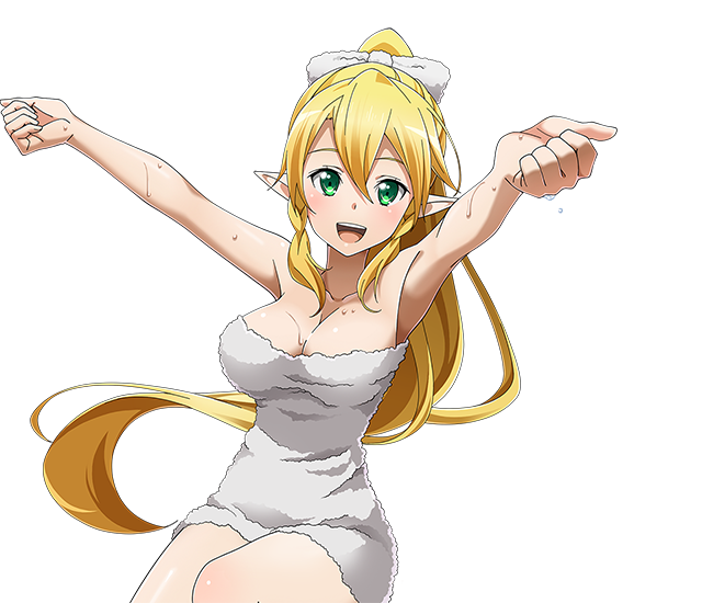 1girl :d armpits arms_up blonde_hair braid breasts cleavage collarbone green_eyes hair_between_eyes high_ponytail leafa long_hair looking_at_viewer medium_breasts naked_towel open_mouth pointy_ears shiny shiny_skin smile solo sword_art_online towel transparent_background twin_braids very_long_hair white_towel