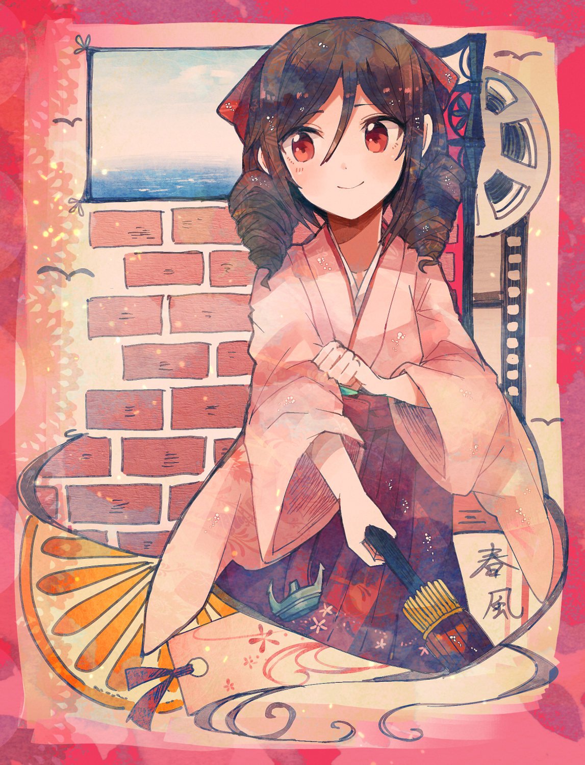 10s 1girl bookmark bow brown_hair character_name closed_umbrella cowboy_shot drill_hair film_strip hair_bow hakama harukaze_(kantai_collection) highres itomugi-kun japanese_clothes kantai_collection kimono long_hair meiji_schoolgirl_uniform oriental_umbrella pink_kimono red_bow red_eyes red_hakama smile solo twin_drills umbrella window