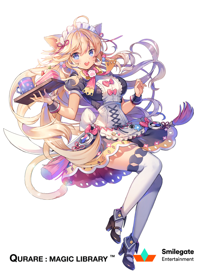 1girl animal_ears blonde_hair blue_eyes blush bow breasts cake cat_ears company_name copyright_name eyebrows_visible_through_hair food high_heels holding holding_tray large_breasts long_hair looking_at_viewer maid maid_headdress official_art open_mouth pink_bow qurare_magic_library smile solo teeth thigh-highs tray white_legwear yeonwa