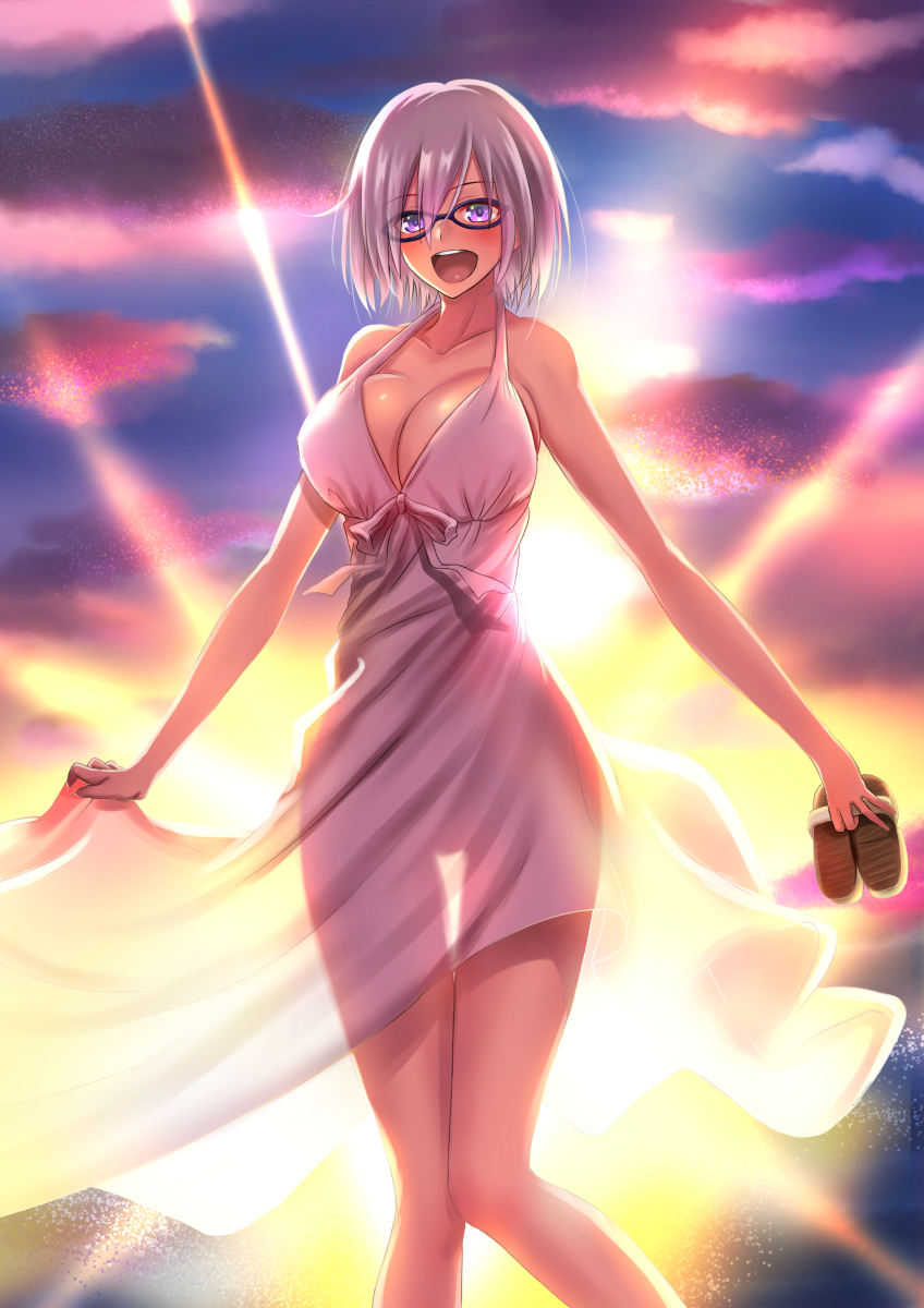 1girl blush breasts cleavage dress fate/grand_order fate_(series) glasses hair_over_one_eye highres large_breasts open_mouth purple_hair see-through_silhouette shielder_(fate/grand_order) shoes_removed short_hair silhouette smile solo sunlight takecha violet_eyes white_dress