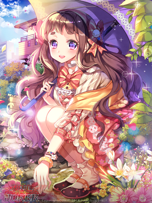 1girl blush bow brown_hair company_name eyebrows_visible_through_hair flower furyou_michi_~gang_road~ hair_bow holding holding_umbrella long_hair looking_at_viewer official_art parasol parted_lips red_bow smile solo squatting teeth umbrella violet_eyes yeonwa
