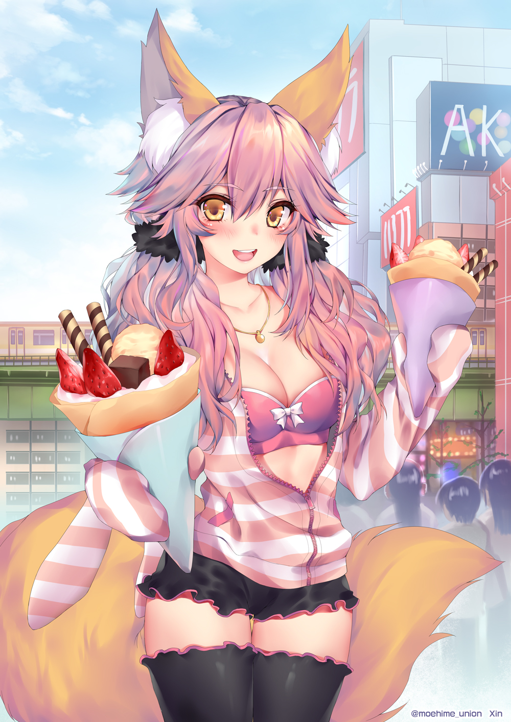 1girl animal_ears artist_name bangs black_legwear black_skirt blush bra breasts building chocolate city cleavage clouds collarbone cowboy_shot crepe day eyebrows_visible_through_hair fate/extra fate/extra_ccc fate_(series) food fox_ears fox_tail frills fruit hair_between_eyes hair_flaps highres ice_cream jacket jewelry large_breasts long_hair long_sleeves looking_at_viewer necklace obiwan open_clothes open_jacket open_mouth orange_eyes outdoors pink_hair pink_jacket revision short_shorts shorts skirt sky solo_focus strawberry striped striped_jacket tail tamamo_(fate)_(all) tamamo_no_mae_(fate) thigh-highs thighs twitter_username underwear wafer_stick white_bra