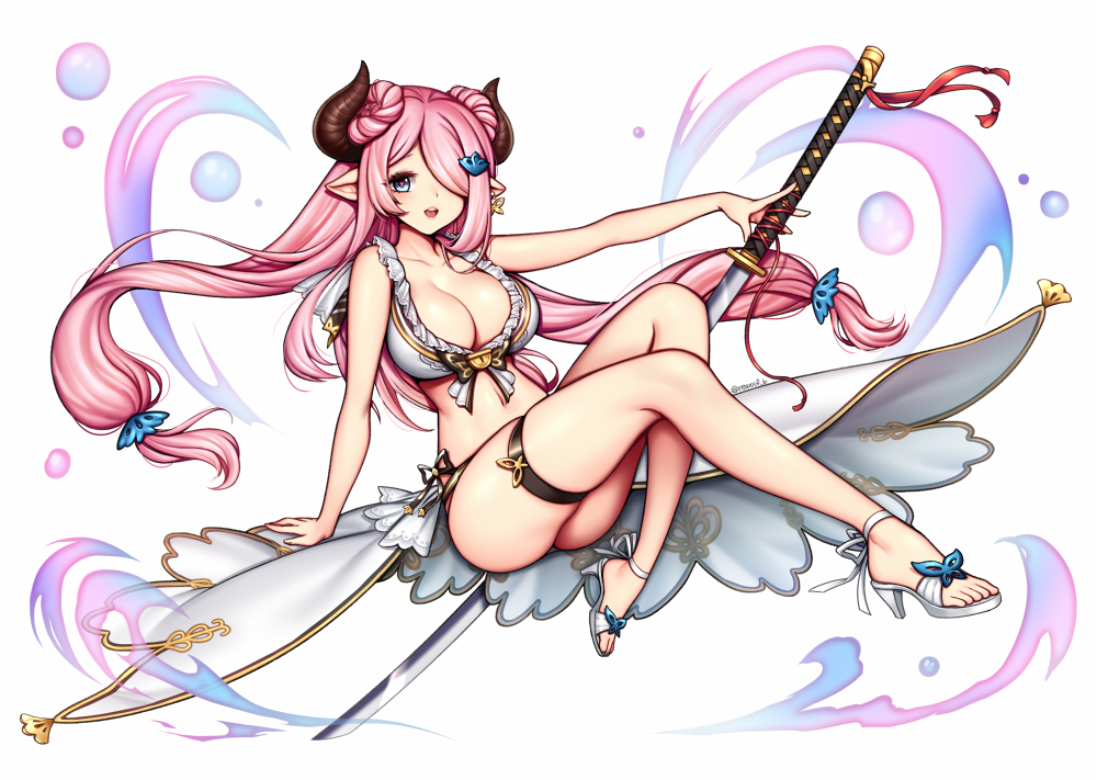 1girl blush breasts cleavage double_bun granblue_fantasy hair_over_one_eye holding holding_sword holding_weapon horns large_breasts long_hair looking_at_viewer narumeia_(granblue_fantasy) open_mouth pink_hair pointy_ears rewolf smile solo sword teeth twintails weapon