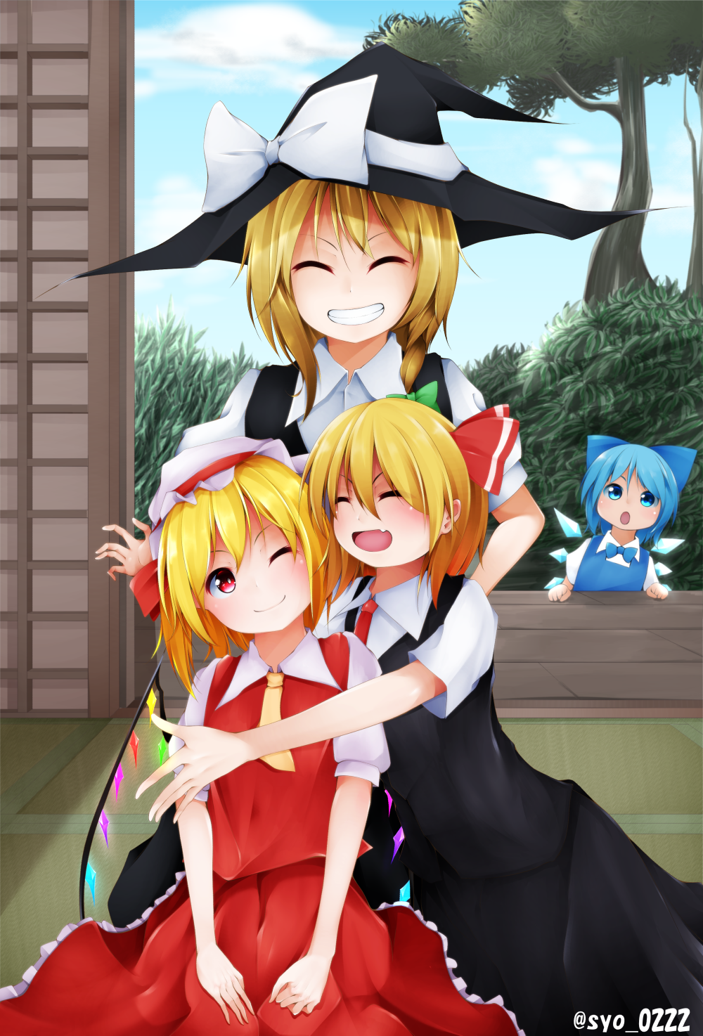 4girls :o ;) ^_^ ascot blonde_hair blue_eyes blue_hair blush bow bowtie cirno closed_eyes collared_shirt dress fang flandre_scarlet grin hair_ribbon hakurei_shrine hat highres ice ice_wings kirisame_marisa mob_cap multiple_girls one_eye_closed red_eyes ribbon rumia shirt short_hair shou_(ahiru_shinobu) smile teeth touhou tree vest wings witch_hat