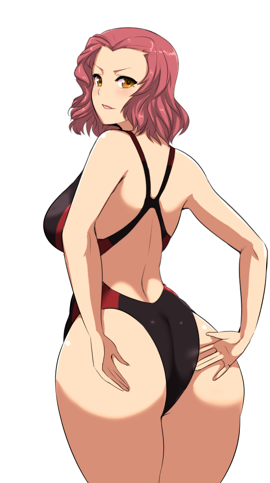 &gt;:) 1girl ass bare_arms bare_shoulders breasts brown_eyes competition_swimsuit cowboy_shot from_behind girls_und_panzer koujun_(mugenzero) large_breasts looking_at_viewer looking_back one-piece_swimsuit parted_lips redhead rosehip short_hair smile solo swimsuit