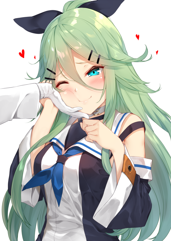 1girl aqua_eyes bangs bare_shoulders black_ribbon black_serafuku blush bow breasts choker detached_collar detached_sleeves gloves green_hair hair_between_eyes hair_bow hair_ornament hair_ribbon hairclip hand_on_own_chest head_tilt heart kantai_collection long_hair looking_at_viewer medium_breasts one_eye_closed parted_bangs ponytail ribbon school_uniform serafuku simple_background solo_focus spoken_heart upper_body white_background white_gloves wide_sleeves yamakaze_(kantai_collection) yappen