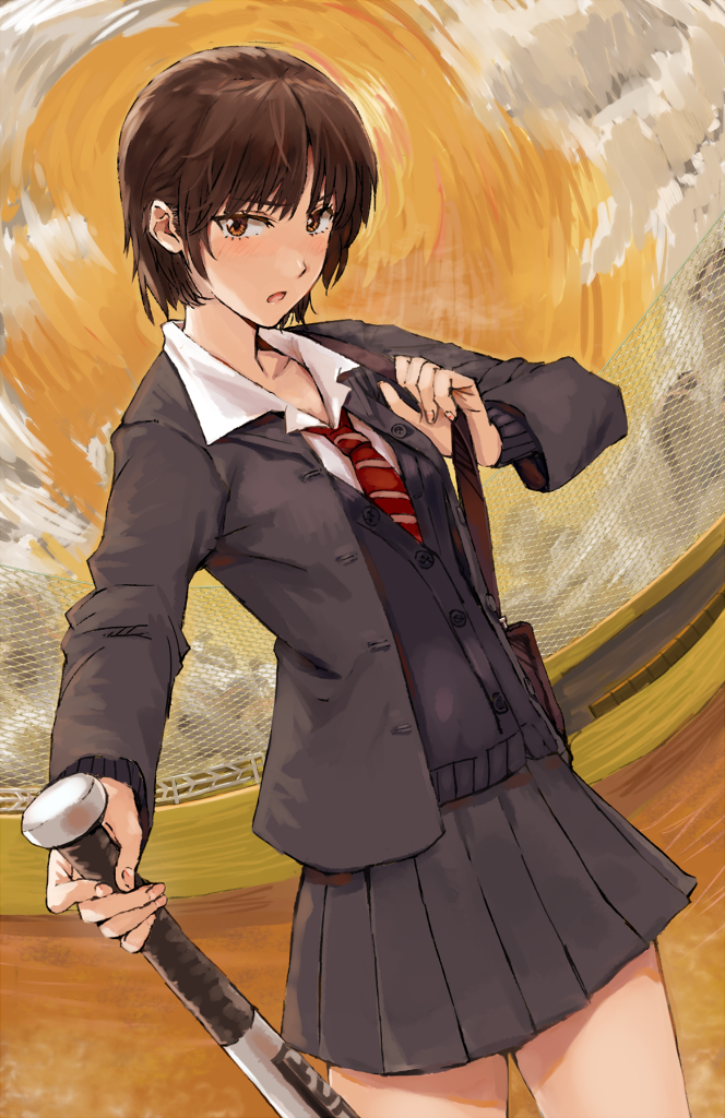 1girl bag baseball_bat brown_hair holding necktie ogros original pleated_skirt school_uniform short_hair skirt solo yellow_eyes