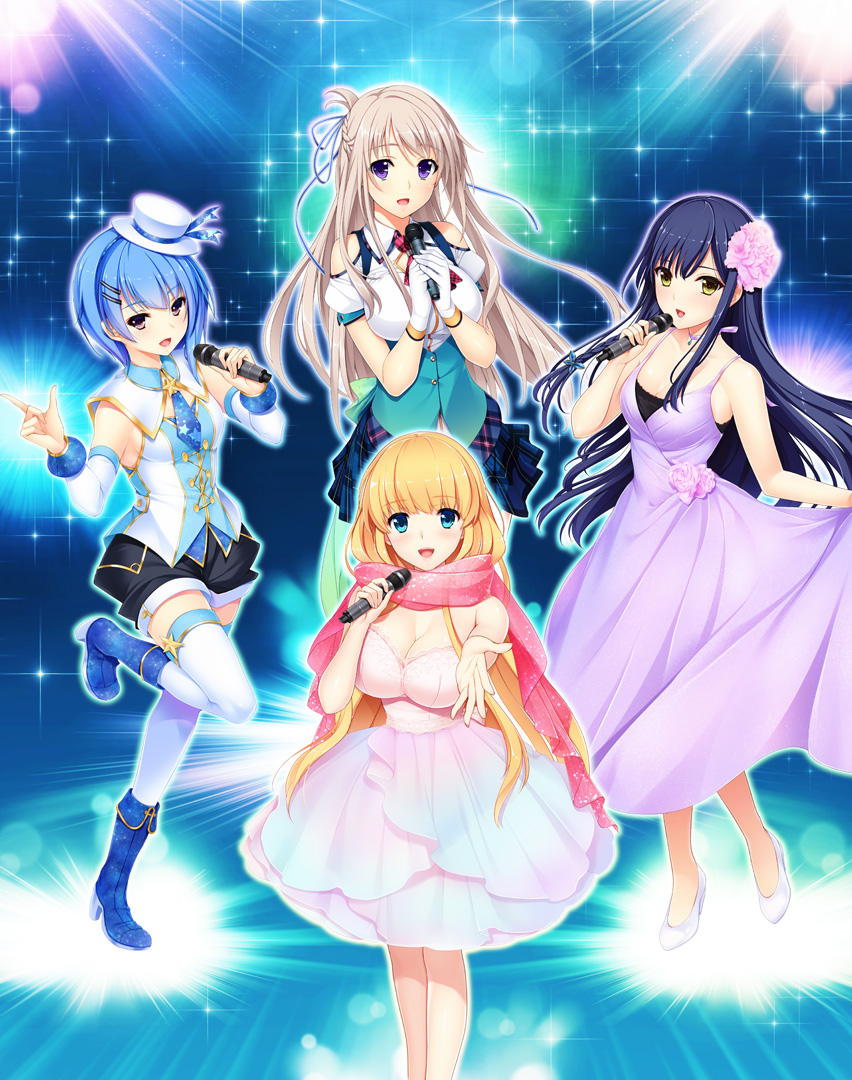 4girls aqua_eyes bangs bare_shoulders bethly_rose_daisley blonde_hair blue_hair boots braid breasts cleavage dress eyebrows_visible_through_hair full_body gin'iro_haruka gloves hair_ornament hairclip hat hatsukoi_1/1 high_heels holding hoshi_ori_yume_mirai jewelry knee_boots long_hair looking_at_viewer makabe_midori medium_breasts microphone mini_hat multiple_girls narusawa_rikka necktie official_art one_leg_raised open_mouth ousaka_sora outstretched_arm pleated_skirt scarf short_dress short_sleeves shorts simple_background skirt sleeveless smile sparkle violet_eyes white_gloves white_legwear yellow_eyes