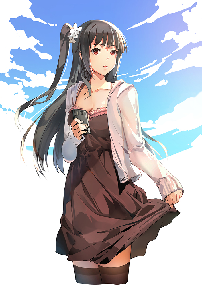 1girl black_dress black_hair breasts cellphone cellphone_camera cleavage clouds dress jacket kamisakai long_hair open_clothes open_jacket original phone red_eyes side_ponytail standing wind
