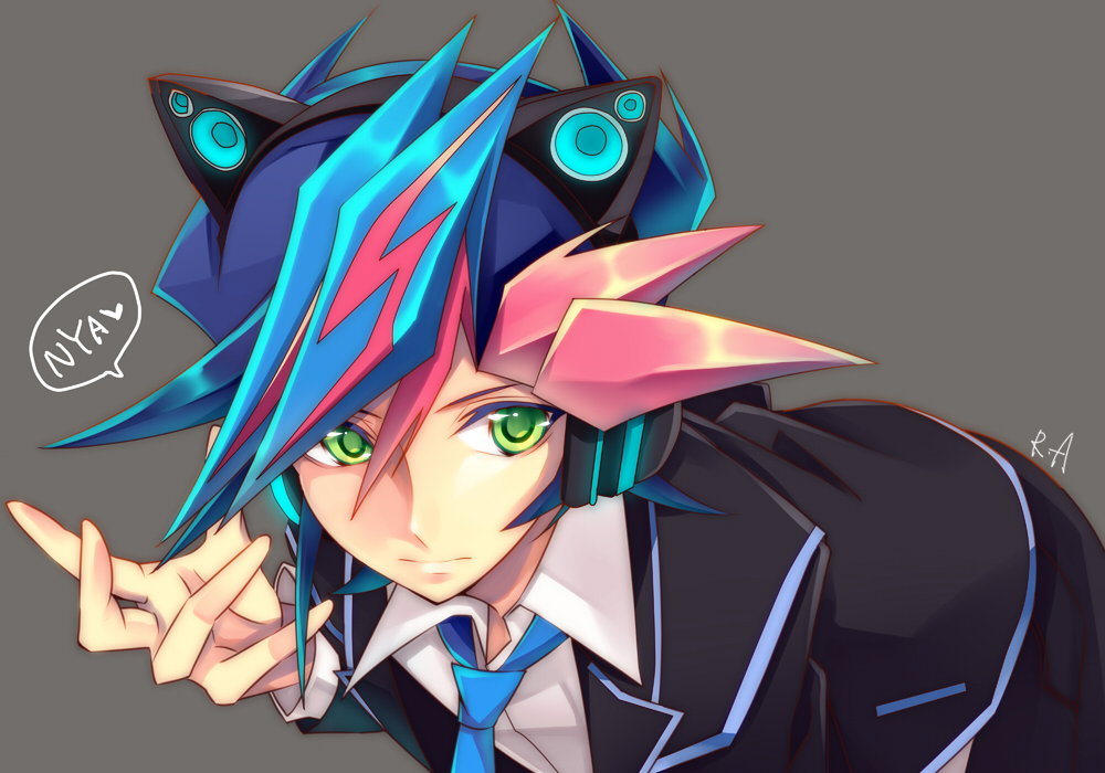 1boy akisaki all_fours animal_ears blazer blue_hair cat_ear_headphones cat_ears fake_animal_ears fujiki_yuusaku grey_background headphones jacket male male_focus multicolored_hair school_uniform simple_background solo yuu-gi-ou yuu-gi-ou_vrains