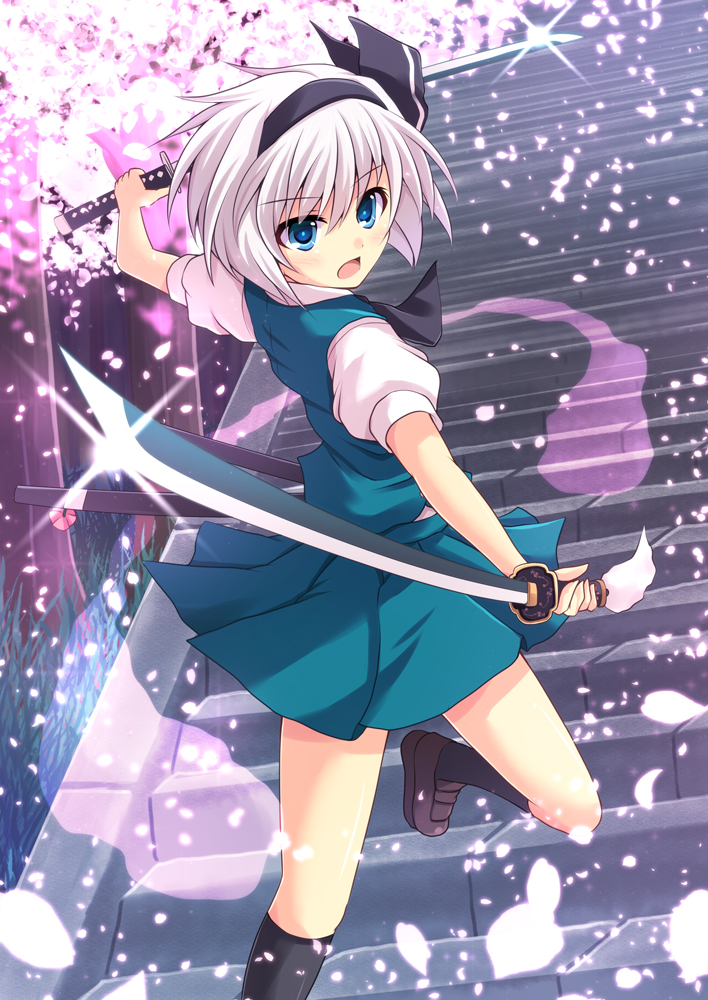 1girl black_legwear blue_eyes blush brown_shoes cherry_blossoms commentary_request cross_(crossryou) eyebrows_visible_through_hair grass green_skirt hairband katana konpaku_youmu konpaku_youmu_(ghost) looking_at_viewer open_mouth outdoors petals revision shoes short_hair short_sleeves skirt solo stairs sword touhou tree weapon white_hair