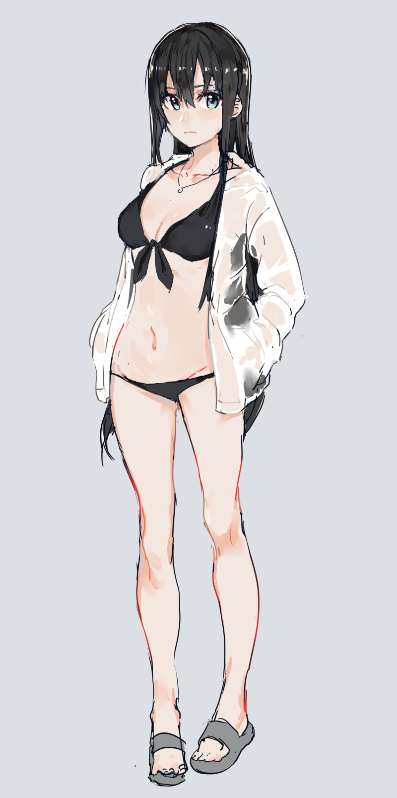 1girl bikini black_bikini black_hair blue_eyes full_body grey_background highres idolmaster idolmaster_cinderella_girls long_hair looking_at_viewer navel nesume open_clothes open_shirt see-through shibuya_rin shirt simple_background sketch solo standing swimsuit very_long_hair