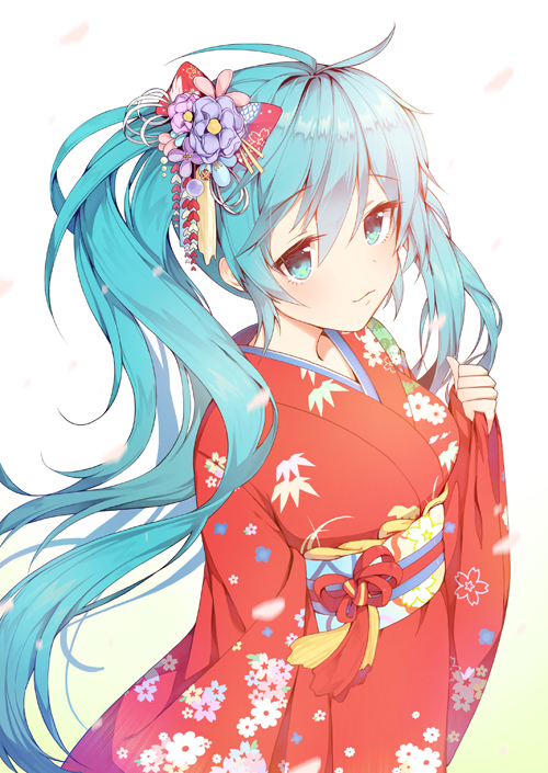 1girl aqua_eyes aqua_hair hatsune_miku japanese_clothes kimono long_hair solo tp_(kido_94) twintails vocaloid