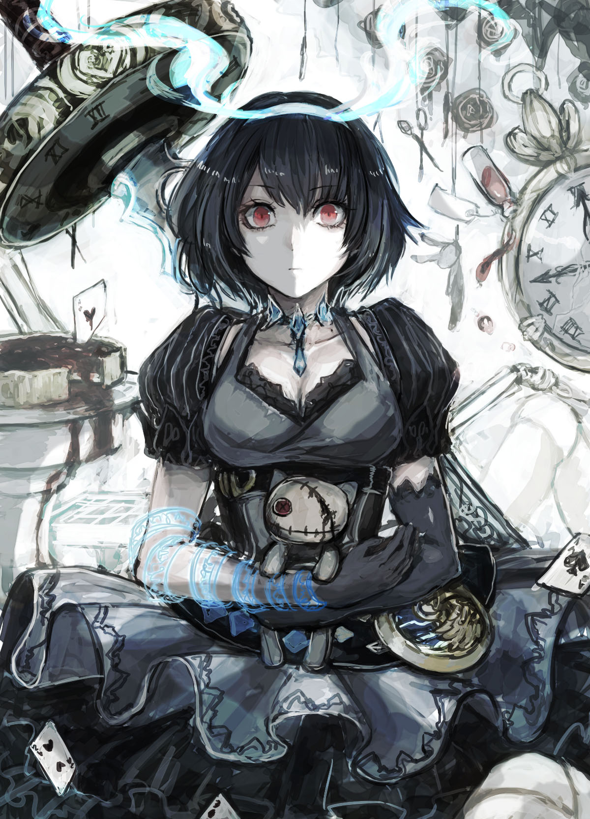 1girl alice_(sinoalice) alice_in_wonderland belt black_hair breasts card chains cleavage clock dress elbow_gloves expressionless eyelashes food frills gloves highres jewelry looking_at_viewer necklace object_hug pale_skin pie puffy_short_sleeves puffy_sleeves red_eyes scissors short_sleeves sinoalice sitting solo stitches stuffed_toy sword vial weapon wide-eyed
