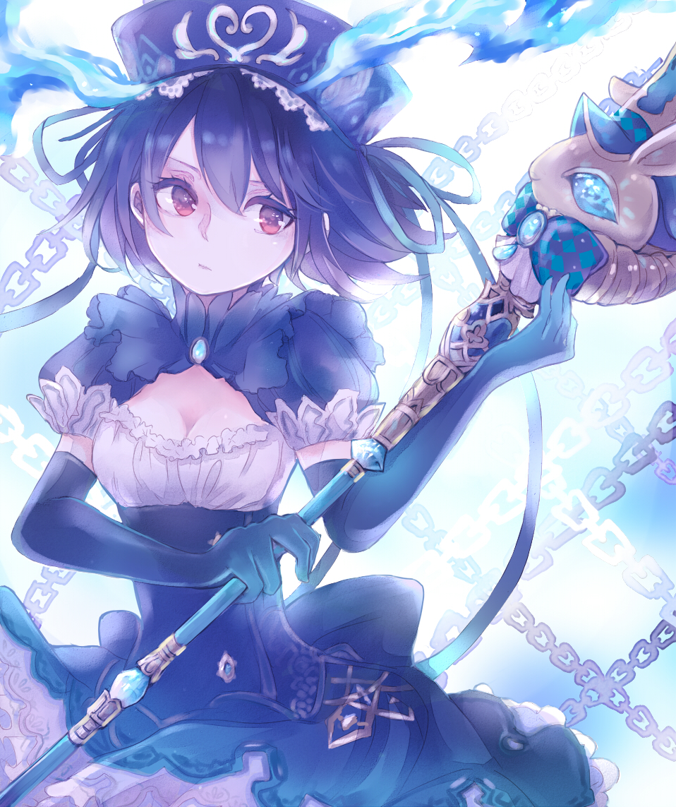 alice_(sinoalice) black_hair dress red_eyes short_hair sinoalice staff