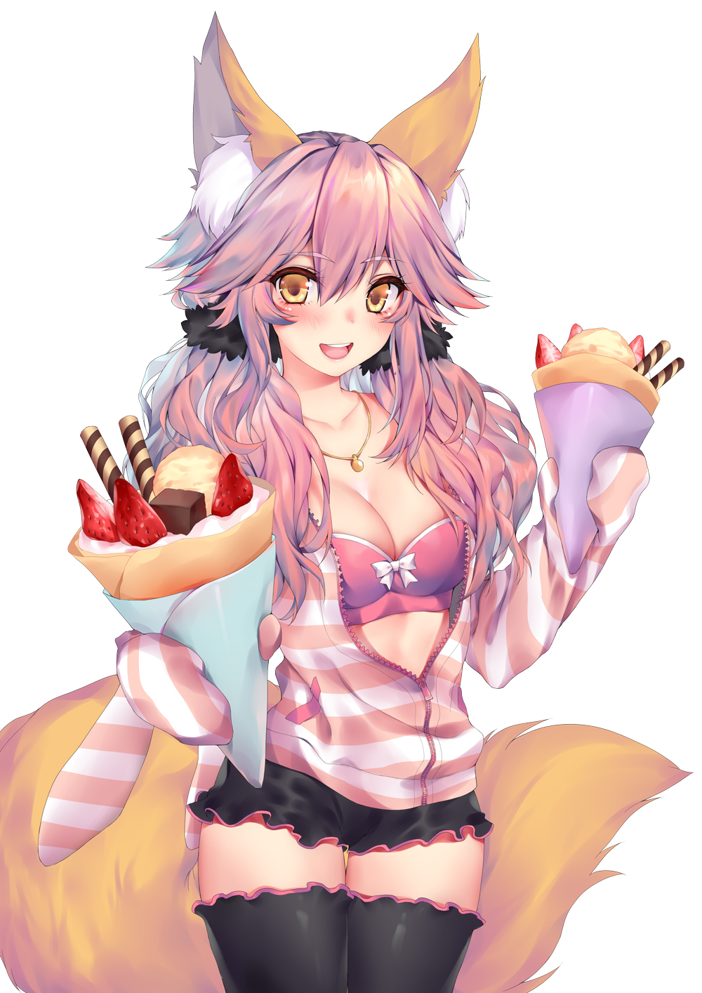 1girl animal_ears bangs black_legwear black_skirt blush bra breasts chocolate cleavage collarbone cowboy_shot crepe day eyebrows_visible_through_hair fate/extra fate/extra_ccc fate_(series) food fox_ears fox_tail frills fruit hair_between_eyes hair_flaps highres ice_cream jacket jewelry large_breasts long_hair long_sleeves looking_at_viewer necklace obiwan open_clothes open_jacket open_mouth orange_eyes outdoors pink_hair pink_jacket short_shorts shorts simple_background skirt solo strawberry striped striped_jacket tail tamamo_(fate)_(all) tamamo_no_mae_(fate) thigh-highs thighs underwear wafer_stick white_background white_bra