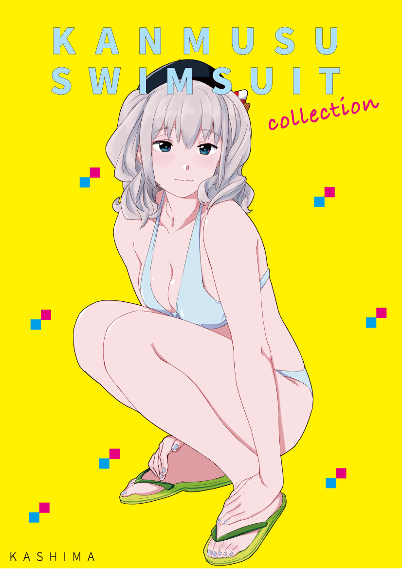 1girl beret bikini character_name copyright_name feet full_body green_bikini hands_on_feet hat kantai_collection kashima_(kantai_collection) looking_at_viewer ojipon sandals sidelocks silver_hair solo squatting swimsuit toes twintails wavy_hair yellow_background