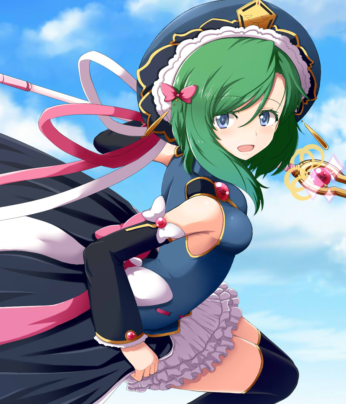 1girl adapted_costume asymmetrical_hair black_legwear blue_eyes bow commentary_request detached_sleeves epaulettes green_hair hair_bow hat hat_ribbon highres magical_girl mono_(mono60) pink_bow pink_ribbon ribbon shiki_eiki skirt sky solo staff thigh-highs touhou zettai_ryouiki