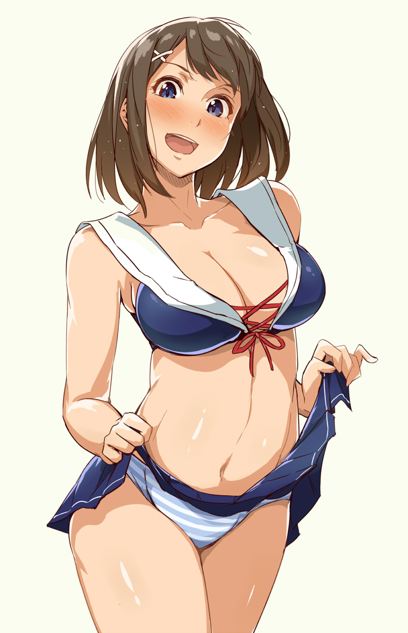 1girl adapted_costume blue_eyes blush breasts brown_hair green_background hair_ornament highres kantai_collection lifted_by_self maya_(kantai_collection) medium_breasts midriff navel open_mouth panties sailor_collar short_hair simple_background skirt skirt_lift solo striped striped_panties tokiwa_mmm underwear white_sailor_collar x_hair_ornament