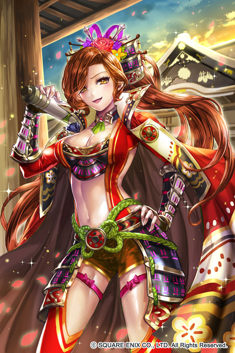1girl :d armor bangs black_armor black_bra blue_sky box_(hotpppink) bra breasts brown_hair building cleavage closed_mouth clouds coat collarbone company_name contrapposto detached_collar fingernails flower gradient_sky hair_flower hair_ornament hair_ribbon hair_stick hand_on_hip high_collar highres holding_scroll jacket jacket_on_shoulders japanese_armor kusazuri large_breasts legs_apart long_hair long_sleeves looking_at_viewer navel official_art open_clothes open_jacket open_mouth orange_sky petals print_coat purple_ribbon red_coat red_jacket red_legwear red_rose red_shorts ribbon rope rose sarashi scroll sengoku_yaraideka shiny shiny_skin short_shorts shorts sky smile smug solo sparkle stomach swept_bangs thigh-highs thigh_strap thighs twilight underwear vambraces yellow_eyes
