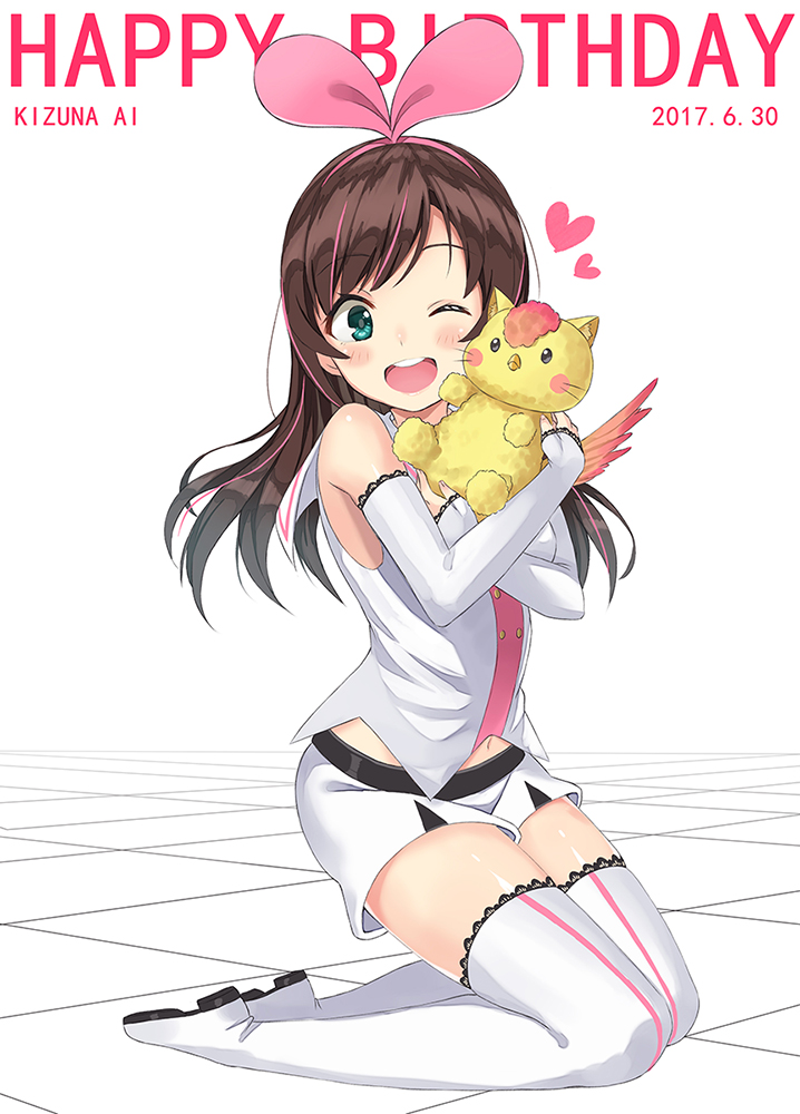 1girl a.i._channel bare_shoulders boots bow brown_hair character_name commentary_request dated detached_sleeves eyebrows_visible_through_hair full_body green_eyes hairband happy_birthday heart holding holding_stuffed_animal kizuna_ai kneeling long_hair multicolored_hair one_eye_closed open_mouth pink_bow pink_hair pink_hairband shiny shiny_skin shirt shitou_(1992116210) shorts shorts_pull sleeveless sleeveless_shirt solo stuffed_animal stuffed_toy thigh-highs thigh_boots two-tone_hair white_legwear