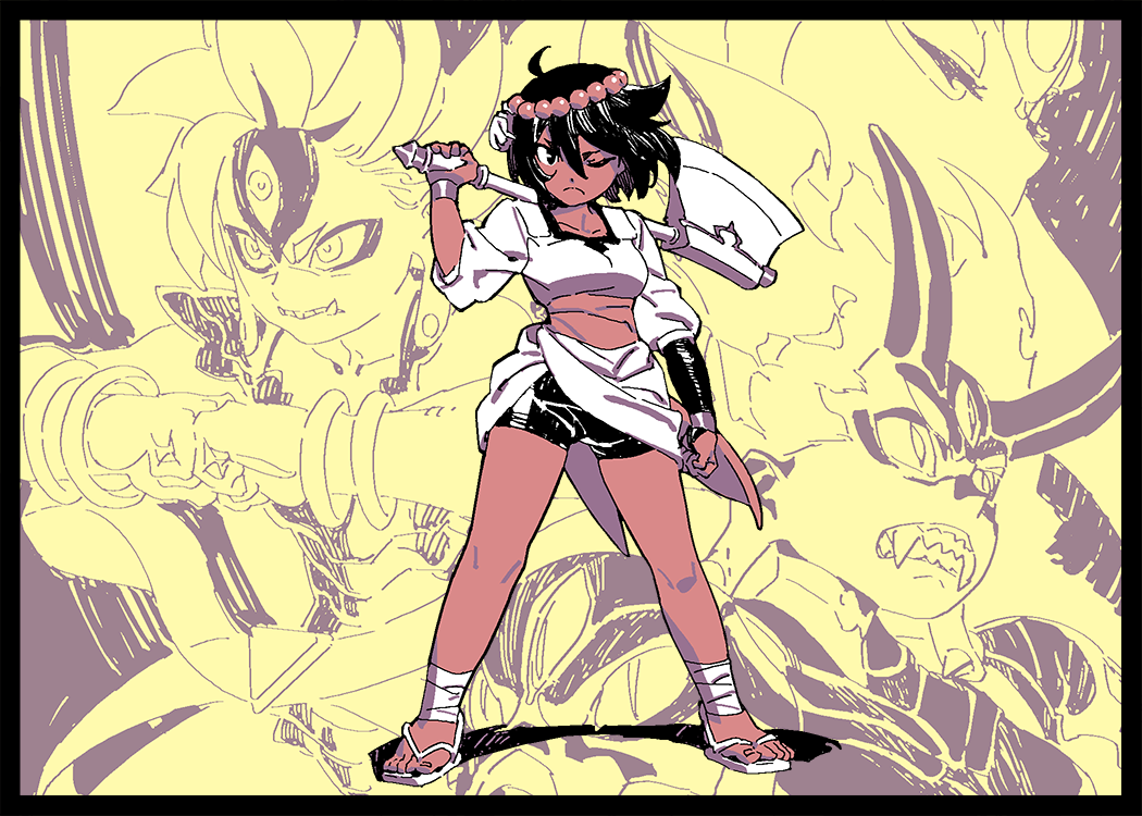 2girls ahoge ajna_(indivisible) armor axe beads closed_eyes commentary dark_skin extra_eyes fangs fist_bump glaring heruka_(indivisible) horns indivisible monochrome_background multiple_girls official_art one_eye_closed over_shoulder sandals sharp_teeth short_eyebrows short_hair shorts_under_skirt stretched_earlobes teeth thick_eyebrows weapon weapon_over_shoulder yoshinari_you