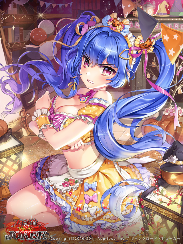 1girl blue_hair blush breasts cleavage eyebrows_visible_through_hair furyou_michi_~gang_road~ hairband halloween large_breasts long_hair looking_at_viewer official_art parted_lips pink_eyes seiza sitting skirt teeth twintails yellow_skirt yeonwa