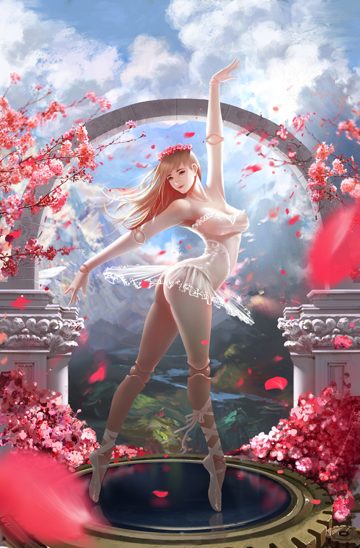 1girl arch arm_up ass backlighting ballerina ballet_slippers bangs bloodborne blue_eyes blue_sky blurry breasts cherry_blossoms clouds covered_nipples day depth_of_field doll_joints dress gears head_wreath leg_ribbon lipstick makeup medium_breasts mountain neck niuxiang88888 nose petals plain_doll pose red_lipstick reflection ribbon river see-through shoes short_dress sky smile solo sunlight thighs white_dress white_shoes wind