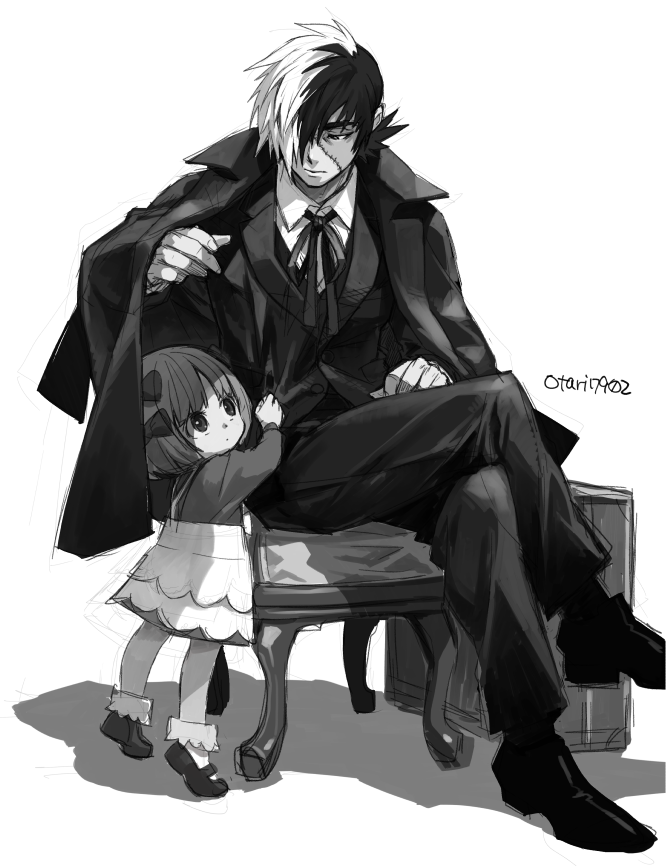 1boy 1girl black_jack_(character) black_jack_(series) bow child cloak closed_mouth greyscale hair_bow indesign monochrome multicolored_hair pinoko ribbon scar short_hair twitter_username white_hair