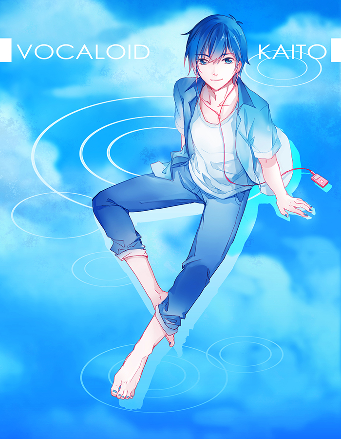 1boy barefoot blue_eyes blue_hair blue_nails character_name clouds collarbone earphones feng_you kaito looking_at_viewer male_focus nail_polish outline pants pants_rolled_up reflection ripples short_hair sitting sky smile vocaloid water