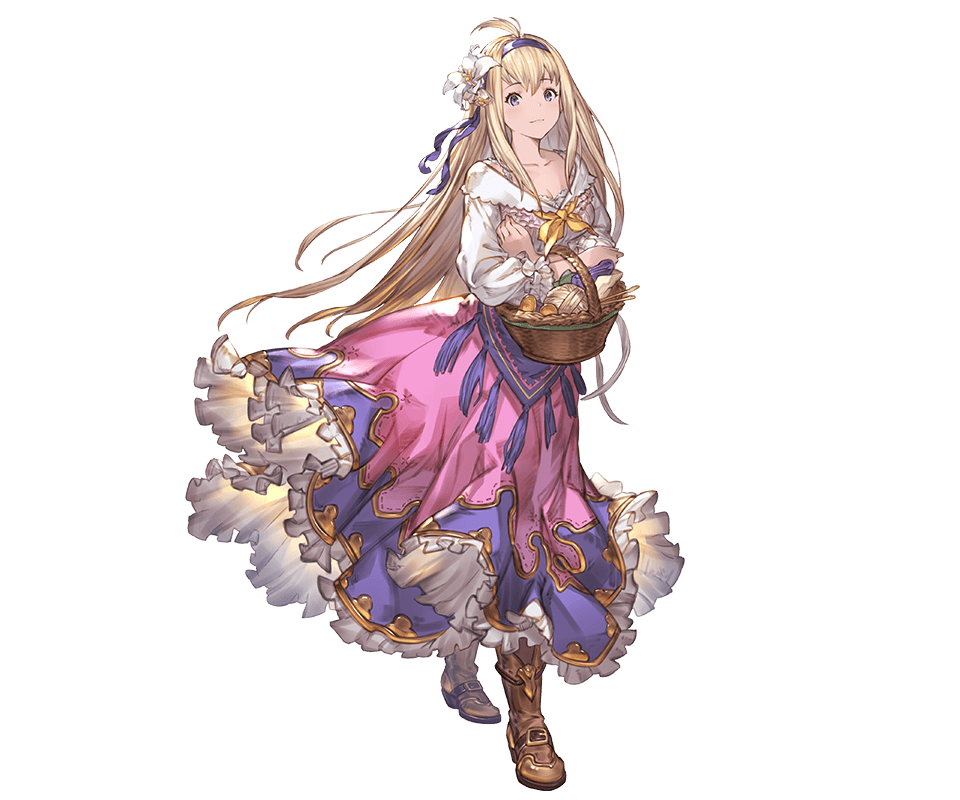 1girl bangs basket blue_hair boots breasts collarbone dress flower frills full_body granblue_fantasy hair_flower hair_ornament holding jeanne_d'arc_(granblue_fantasy) long_hair long_sleeves looking_at_viewer medium_breasts minaba_hideo official_art skirt smile solo standing transparent_background
