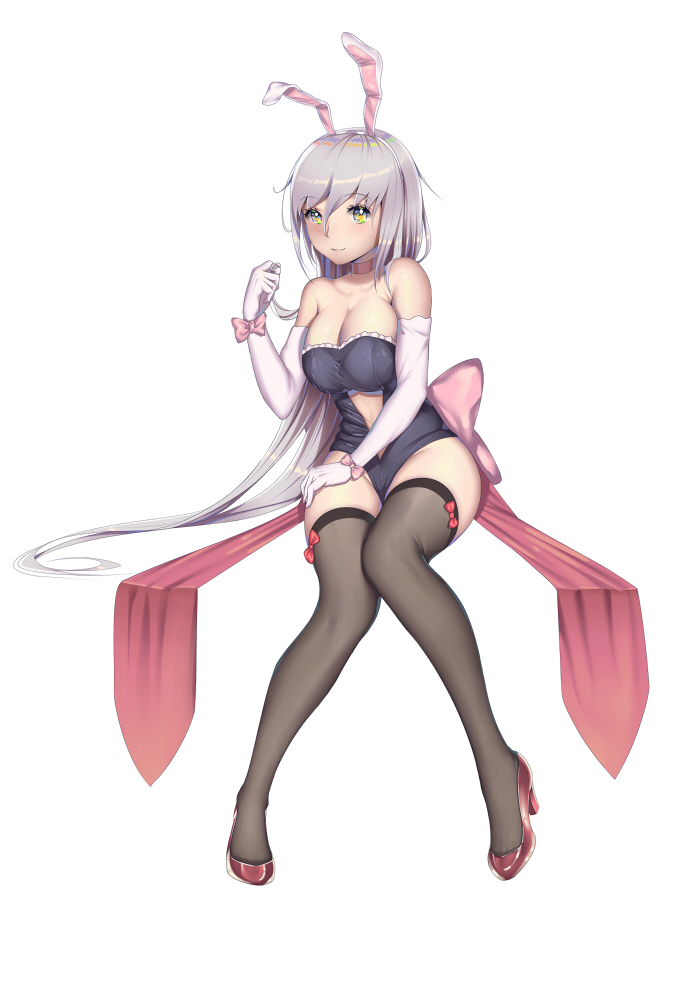 1girl animal_ears bangs black_legwear breasts bunnysuit closed_mouth elbow_gloves eyebrows_visible_through_hair frills full_body gloves grey_hair hand_up high_heels large_breasts leotard long_hair navel_cutout original rabbit_ears silver_hair simple_background smile solo strapless strapless_leotard thigh-highs very_long_hair white_background white_gloves xiaosan_ye yellow_eyes