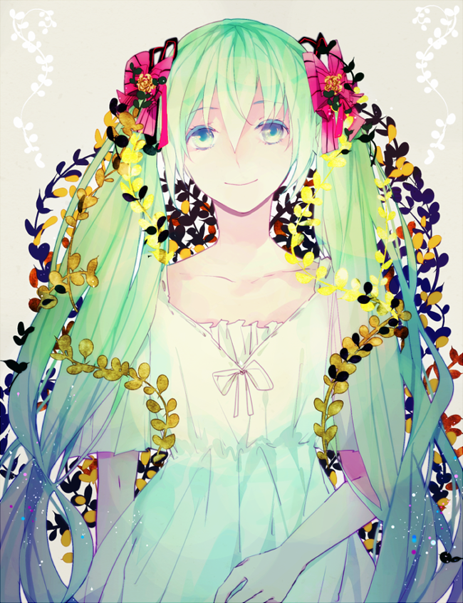 blush dress flower green_eyes green_hair hatsune_miku long_hair twintails vocaloid
