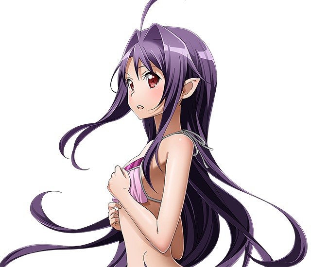 1girl ahoge breasts floating_hair from_side long_hair open_mouth pink_bikini_top pointy_ears purple_hair red_eyes shiny shiny_skin sideboob small_breasts solo standing sword_art_online transparent_background upper_body very_long_hair yuuki_(sao)