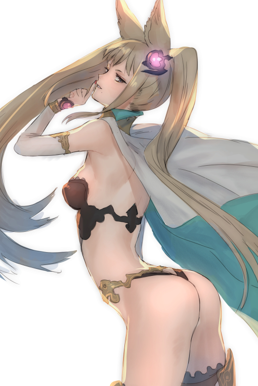 1girl animal_ears ass back blush breasts brown_eyes detached_sleeves granblue_fantasy long_hair looking_at_viewer metella_(granblue_fantasy) nail_polish natsuhiko red_nails simple_background smile solo twintails very_long_hair white_background