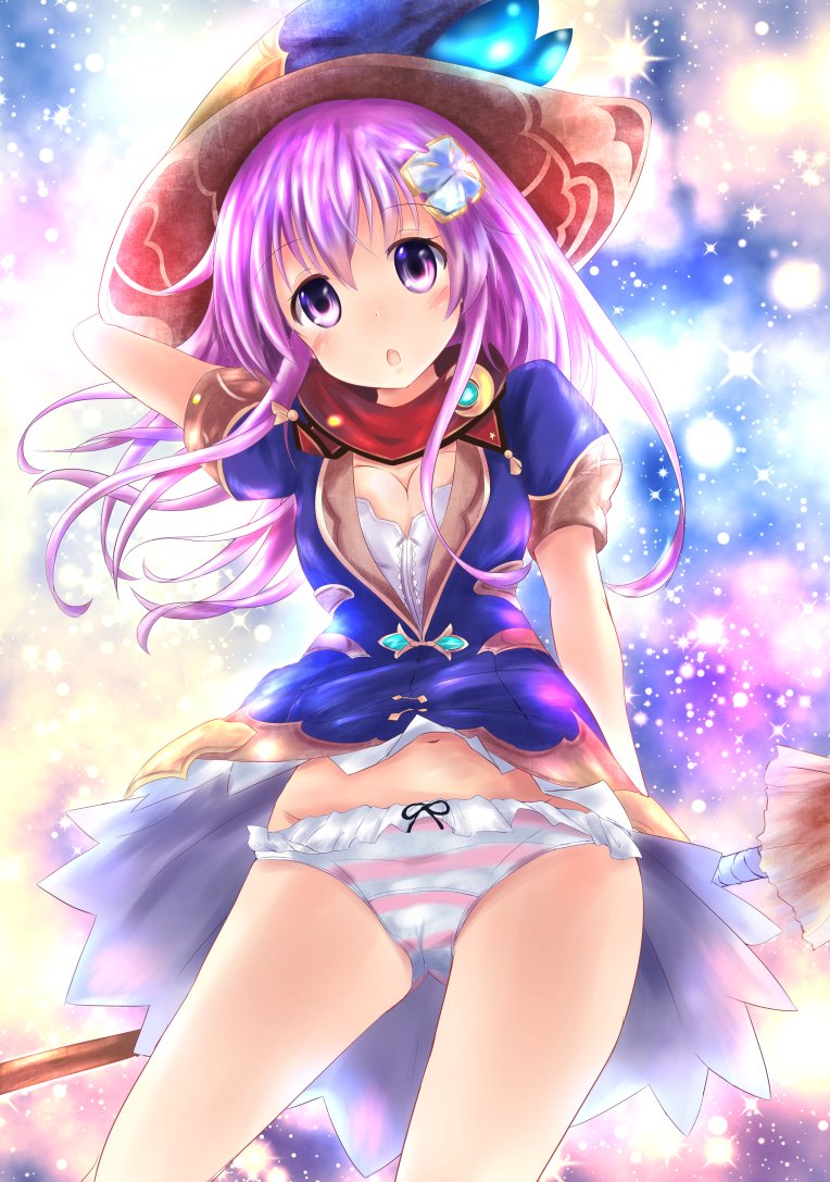 1girl blush four_goddesses_online:_cyber_dimension_neptune hair_ornament hat long_hair looking_at_viewer nepgear neptune_(series) niche-tan panties purple_hair solo striped striped_panties underwear violet_eyes witch_hat