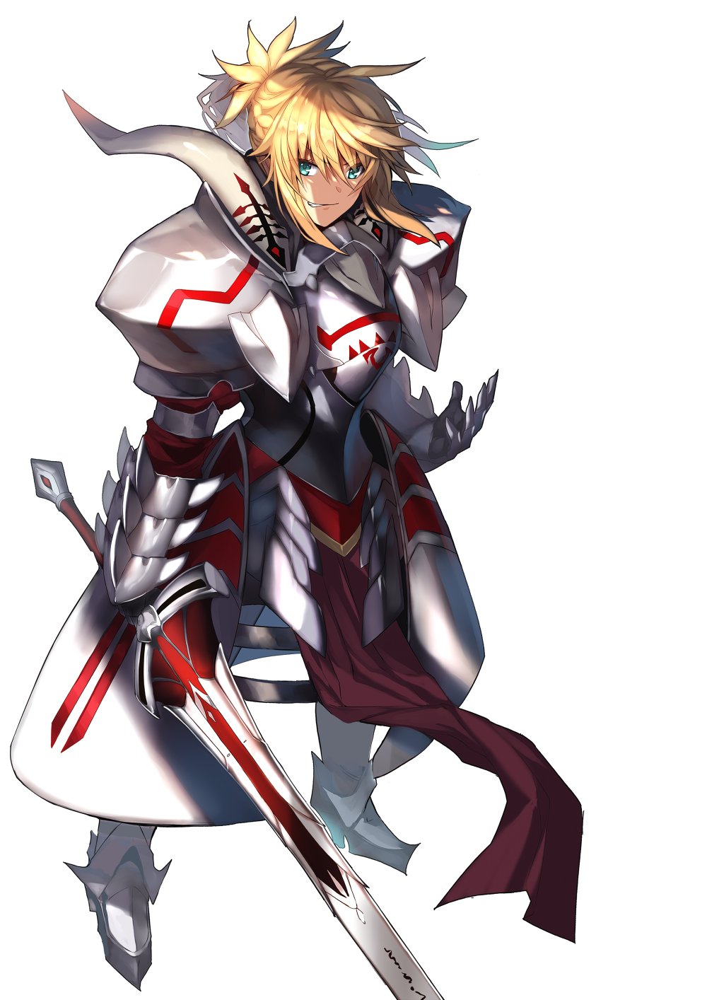 &gt;:) 1girl armor bangs blonde_hair fate/apocrypha fate/grand_order fate_(series) full_armor full_body gauntlets greaves green_eyes highres holding holding_sword holding_weapon karlwolf long_hair looking_at_viewer parted_lips pauldrons ponytail saber_of_red smile solo standing swept_bangs sword weapon