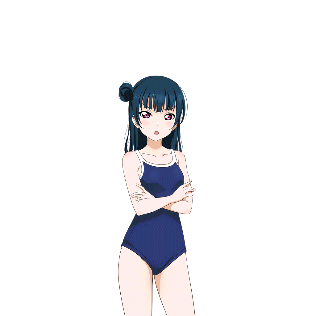 1girl :o artist_request bangs bare_shoulders blue_hair blunt_bangs blush breasts collarbone crossed_arms fingernails hair_bun long_hair looking_at_viewer love_live! love_live!_school_idol_festival love_live!_sunshine!! official_art one-piece_swimsuit open_mouth school_swimsuit side_bun smile solo swimsuit tsushima_yoshiko violet_eyes