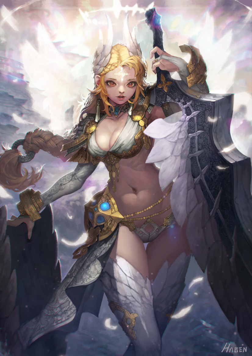1girl armor armored_dress artist_name backlighting blonde_hair braid breasts bridal_gauntlets brown_eyes chains commentary cowboy_shot elbow_gloves feathered_wings feathers gloves glowing glowing_wings gold_chain hair_ornament haren_(kim_han_seul) helmet huge_weapon large_breasts long_hair looking_at_viewer midriff navel original outdoors parted_lips signature single_braid solo sword thigh-highs thigh_gap valkyrie weapon white_feathers white_wings wings