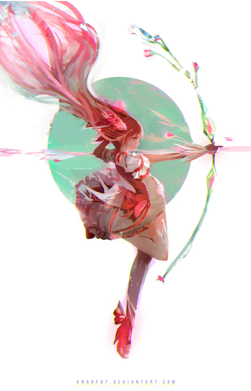 1girl aiming artist_name back_bow bow bow_(weapon) bubble_skirt choker closed_mouth deviantart_username elbow_gloves floating_hair frank_liu from_side gloves hair_ribbon highres kaname_madoka long_hair magical_girl mahou_shoujo_madoka_magica pink_bow pink_choker pink_eyes pink_hair pink_ribbon profile puffy_short_sleeves puffy_sleeves ribbon ribbon_choker short_sleeves simple_background skirt solo standing standing_on_one_leg very_long_hair watermark weapon web_address white_background white_gloves