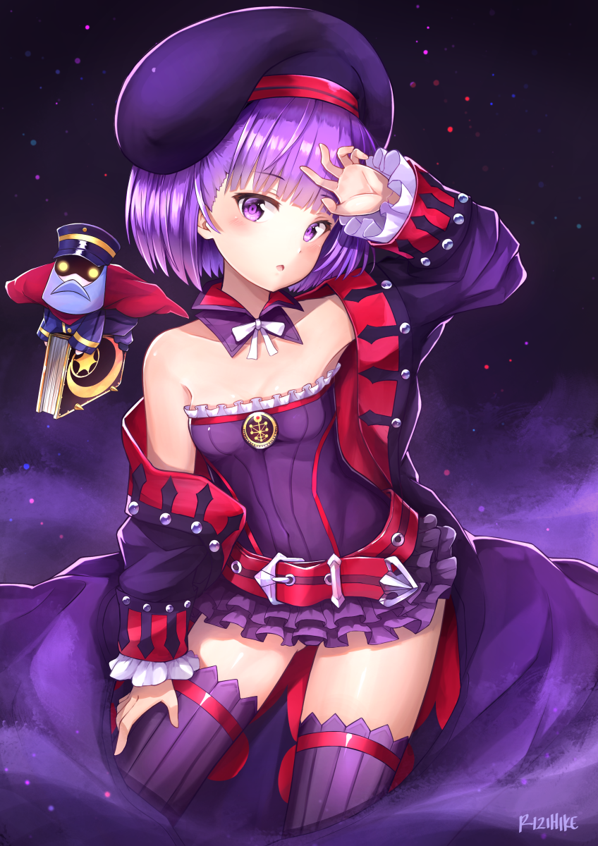 1girl bare_shoulders belt fate/grand_order fate_(series) flat_chest hat helena_blavatsky_(fate/grand_order) highres jacket looking_at_viewer purple_hair rizihike short_hair solo strapless thigh-highs tree_of_life violet_eyes