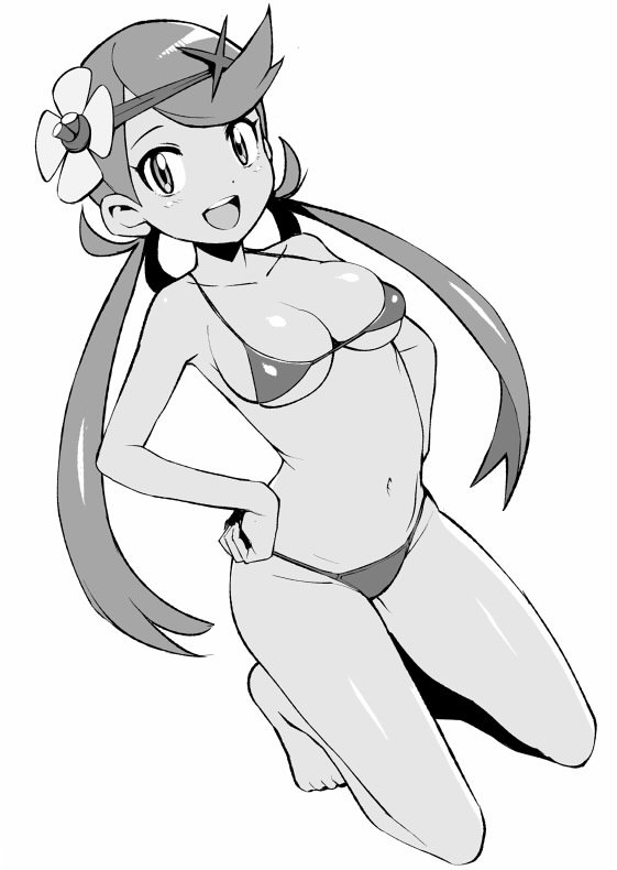 :d bangs bare_legs barefoot bikini breasts cleavage dutch_angle flower full_body greyscale hair_flower hair_ornament halterneck hands_on_hips headband kneeling long_hair low_twintails mallow_(pokemon) medium_breasts monochrome navel open_mouth pokemon pokemon_(game) pokemon_sm simple_background smile swept_bangs swimsuit tamagoroo_(funifuni_labo) twintails very_long_hair white_background