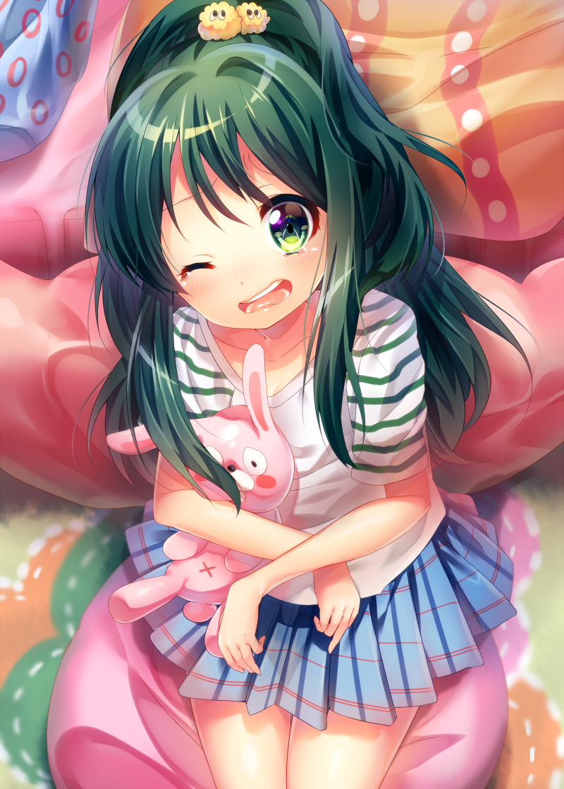 1girl blue_skirt blush collarbone green_eyes green_hair holding holding_stuffed_animal long_hair ntk_(7t5) one_eye_closed open_mouth ponytail serizawa_momoka sitting skirt solo stuffed_animal stuffed_bunny stuffed_toy tearing_up teeth tokyo_7th_sisters wavy_mouth