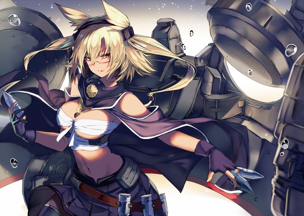 &gt;:) 10s 1girl ammunition_belt bandage black_gloves black_legwear black_skirt blonde_hair breasts brown_eyes budget_sarashi capelet cartridge collar cowboy_shot dark_skin fingerless_gloves glasses gloves hair_between_eyes headgear kantai_collection karlwolf kikumon large_breasts looking_at_viewer machinery miniskirt musashi_(kantai_collection) parted_lips pointy_hair sarashi semi-rimless_glasses short_hair_with_long_locks skirt smile smokestack solo thigh-highs turret two_side_up under-rim_glasses