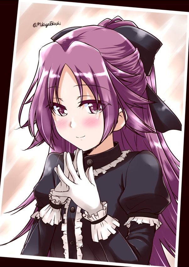 10s 1girl alternate_costume black_dress commentary dress gloves hair_ribbon hands_together jun'you_(kantai_collection) kantai_collection long_hair mikage_takashi photo ponytail purple_hair ribbon smile solo twitter_username violet_eyes white_gloves