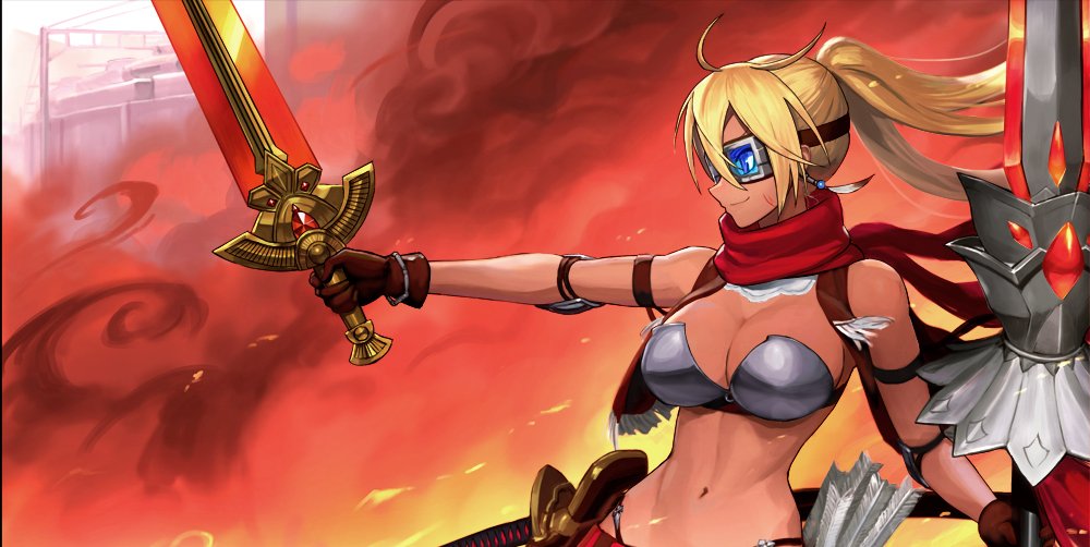 1girl armlet armor arrow bare_shoulders blonde_hair blue_eyes breastplate breasts brown_gloves cleavage closed_mouth commentary_request day earrings elbow_pads embers fire gloves goggles hair_between_eyes hand_up holding holding_spear holding_sword holding_weapon jewelry large_breasts long_hair midriff navel outdoors polearm quiver red_scarf red_shorts scarf short_shorts shorts smile smoke solo spear stomach sword upper_body washi_no_tosaka weapon z/x