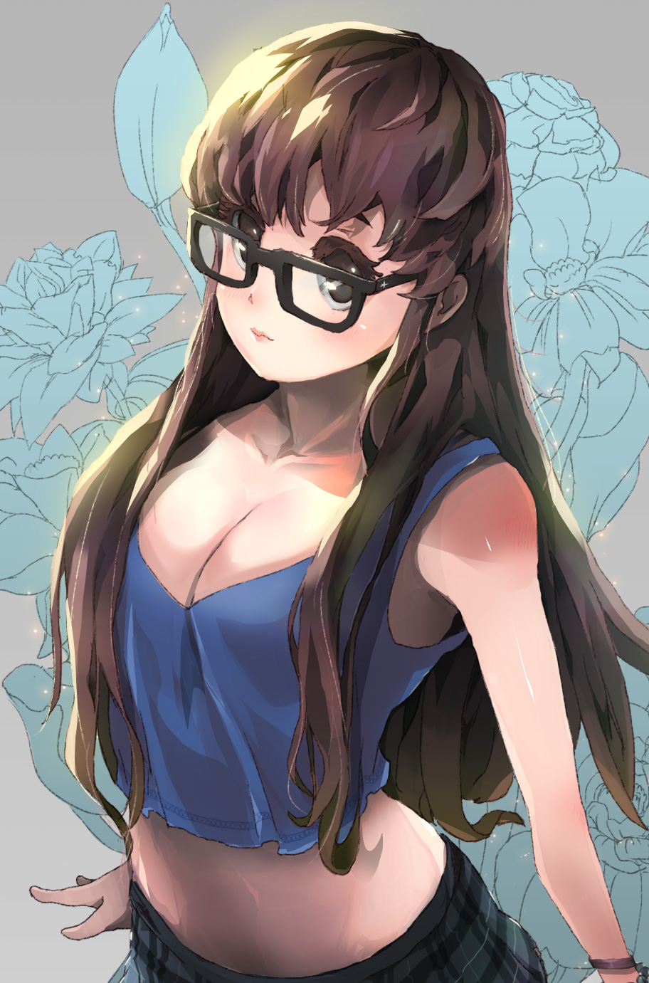 1girl alternate_costume alternate_hairstyle arms_at_sides bangs bare_arms bare_shoulders black-framed_eyewear blue_shirt blush body_blush breasts brown_eyes brown_hair cleavage closed_mouth collarbone crop_top eyelashes floral_background glasses hair_down highres large_breasts lepusnette looking_at_viewer mei_(overwatch) miniskirt overwatch pink_lips plaid plaid_skirt shirt skirt sleeveless solo upper_body wrist_straps