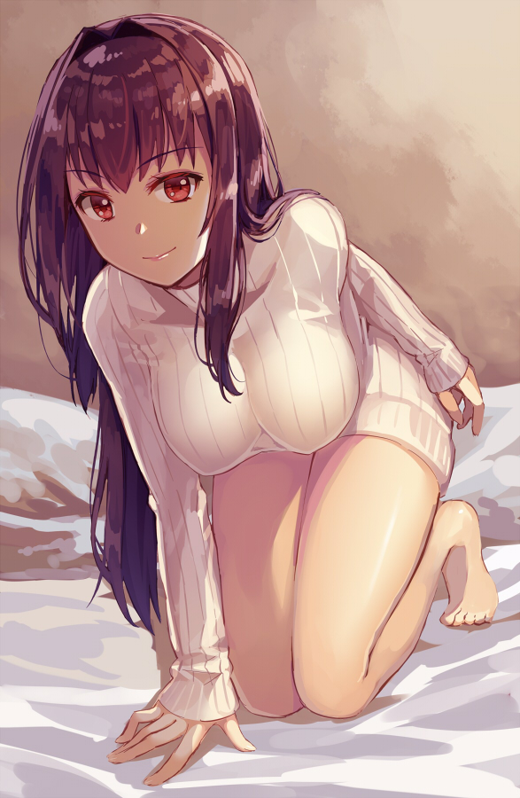 1girl alternate_costume arm_support bare_legs bed bed_sheet breasts contemporary dress eyebrows_visible_through_hair fate/grand_order fate_(series) hair_over_shoulder indoors kibamigohann kneeling large_breasts light_smile lips long_hair purple_hair red_eyes ribbed_sweater scathach_(fate/grand_order) sketch sweater sweater_dress turtleneck turtleneck_sweater white_sweater
