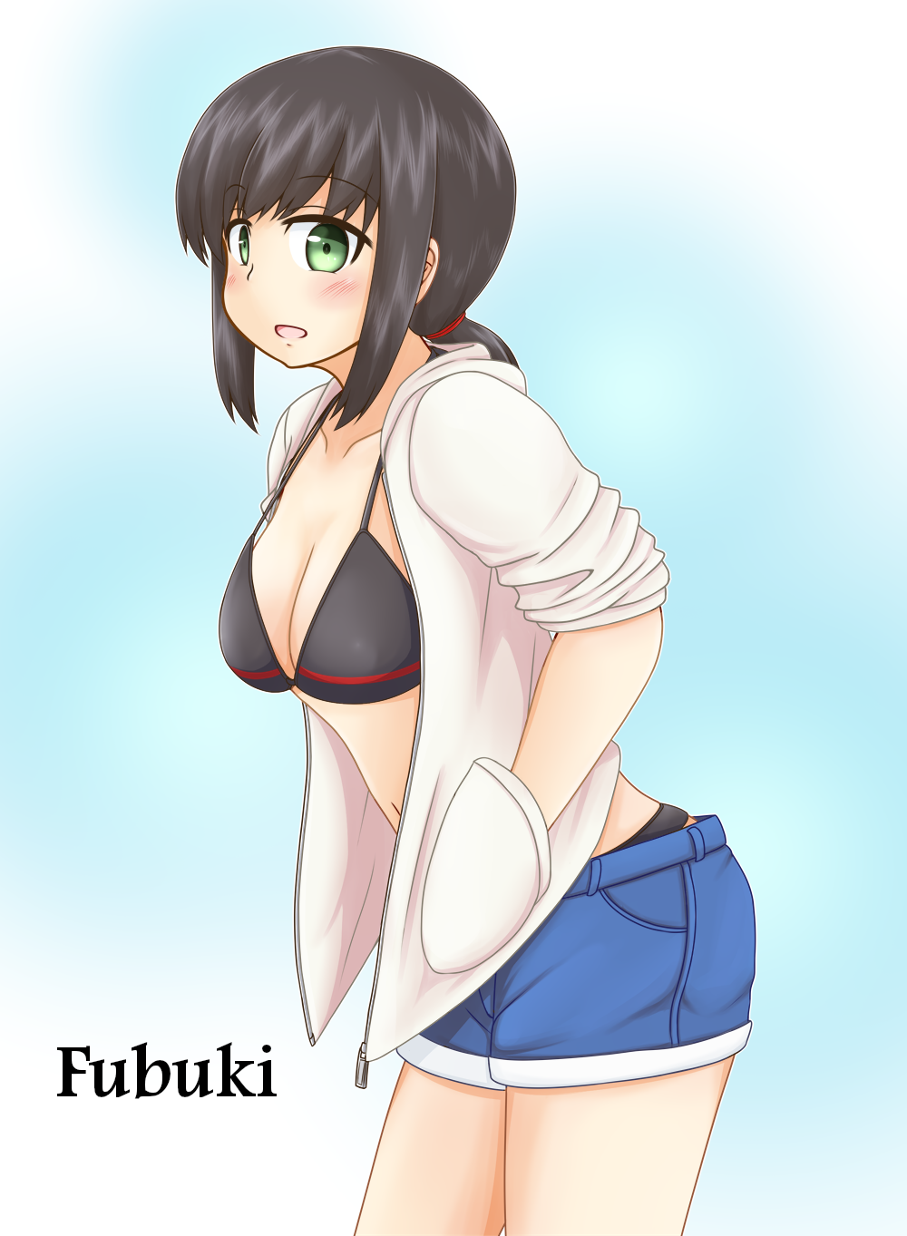 10s 1girl alternate_costume bare_legs bikini black_bikini black_hair black_swimsuit blue_shorts blush breasts character_name cleavage collarbone cowboy_shot denim denim_shorts female fubuki_(kantai_collection) green_eyes hands_in_pockets highres jacket kantai_collection leaning leaning_forward legs looking_at_viewer low_ponytail medium_breasts midriff navel neck open_clothes open_jacket open_mouth ponytail short_ponytail short_shorts shorts sidelocks solo standing swimsuit tetsuya00 unzipped white_jacket zipper